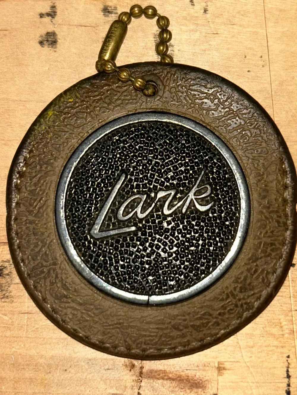 Vintage Lark Luggage Tag Round Brown Faux Leather Travel ID Bag Tag & Ball Chain